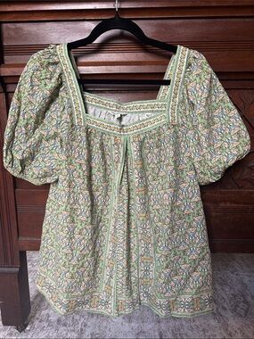 Max Studio Boho Square-Neck Peasant Top in Sage Green